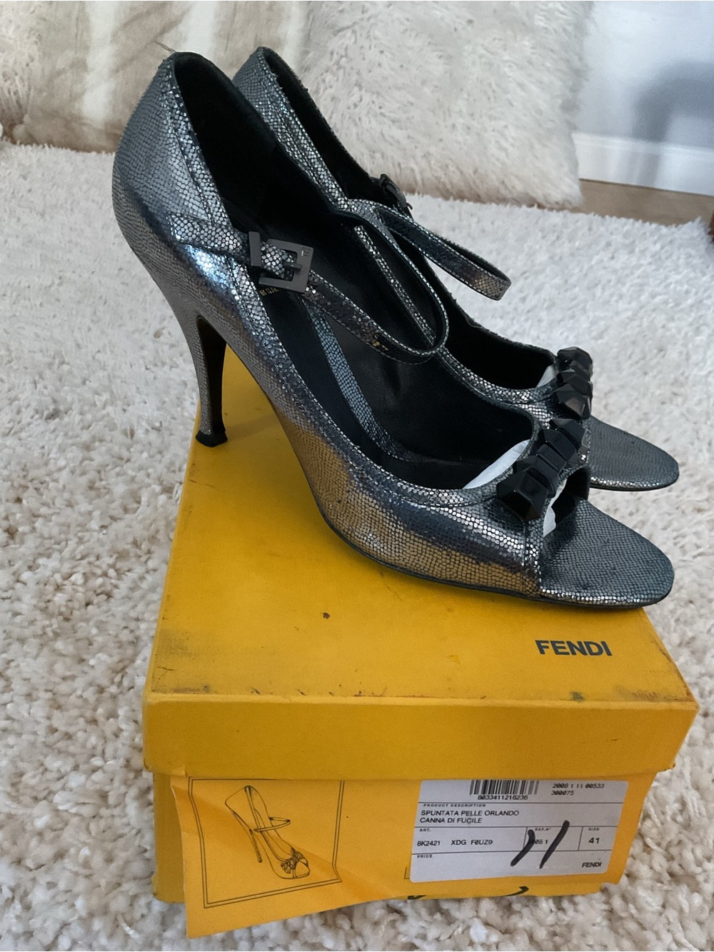 Fendi Silver Metallic Peep-Toe Heels with Bow and Ankle Strap